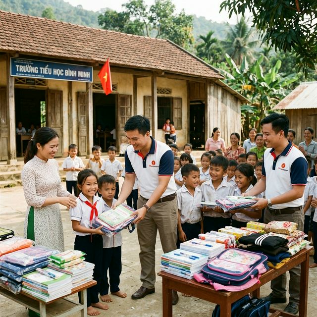 Đại diện DN trao quà cho trường học nông thôn