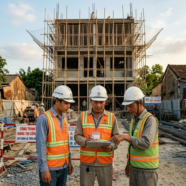 Công nhân đội mũ bảo hộ tại công trường xây dựng