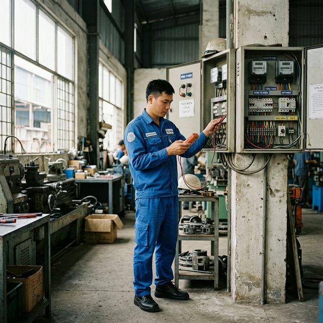 Kỹ thuật viên kiểm tra tủ điện nhà máy
