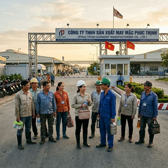 Nhóm công nhân tại cổng nhà máy buổi sáng